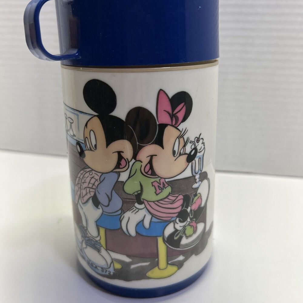 VTG Mickey & Minnie Mouse Blue Thermos Aladdin With Bottle, Screw On Cap,Lid/Cup - Picture 4 of 7